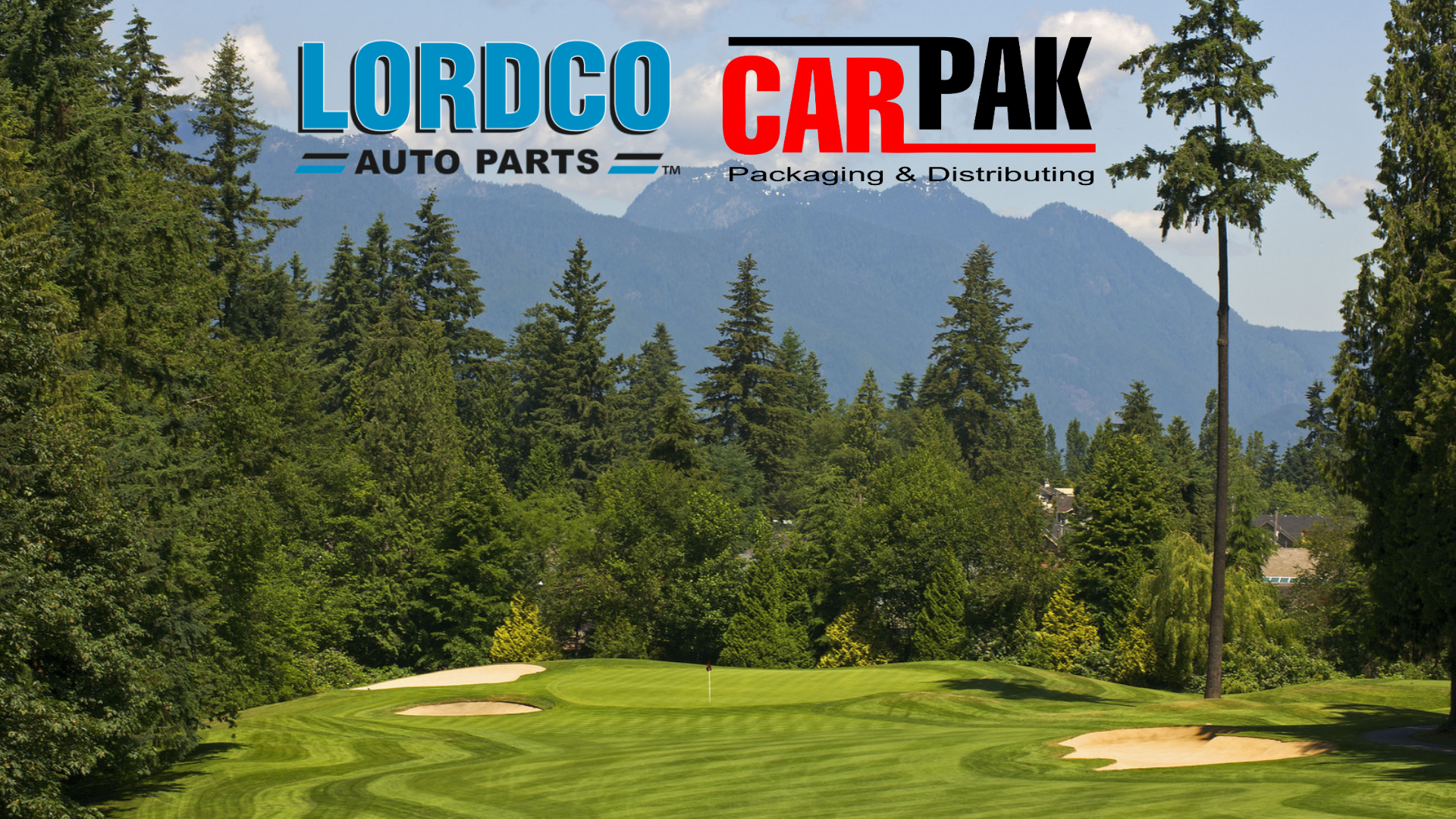 LORDCO AUTO PARTS and CARPAK branding displayed over a scenic mountain golf course with forested landscape