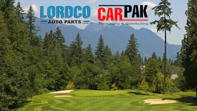 LORDCO AUTO PARTS and CARPAK branding displayed over a scenic mountain golf course with forested landscape
