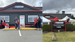 CARSTAR Valley Collision ribbon-cutting ceremony with staff and red ribbon at storefront and signage