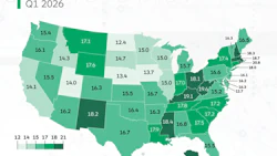 U.S. map showing average rental length by state in Q1 2026, with values ranging from 12.4 to 19.1 years indicated by color gradient.