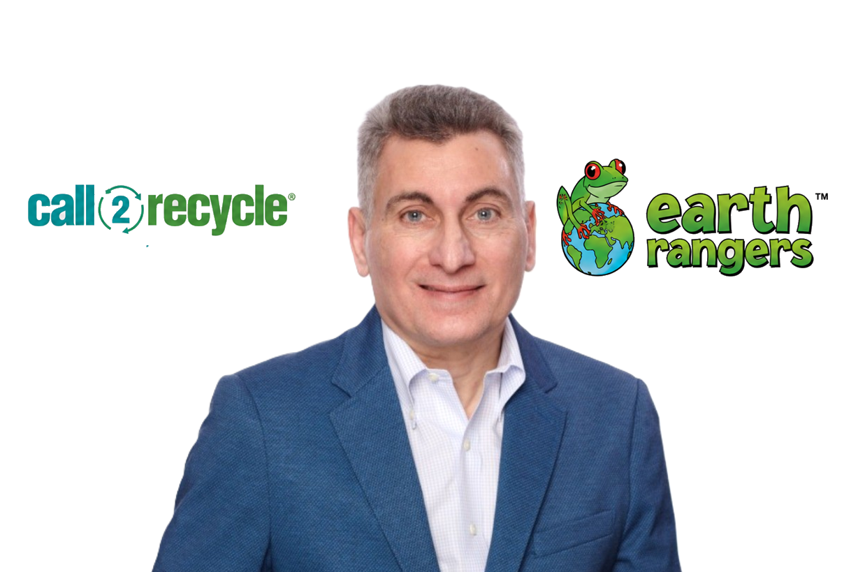 Professional headshot of man in blue blazer with Call2Recycle and Earth Rangers logos
