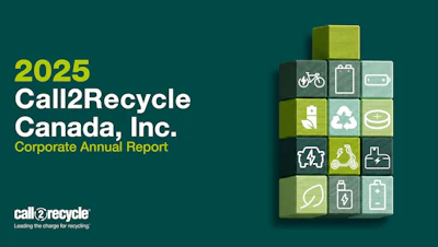 2025 Call2Recycle Canada Corporate Annual Report cover with recycling icons and teal background