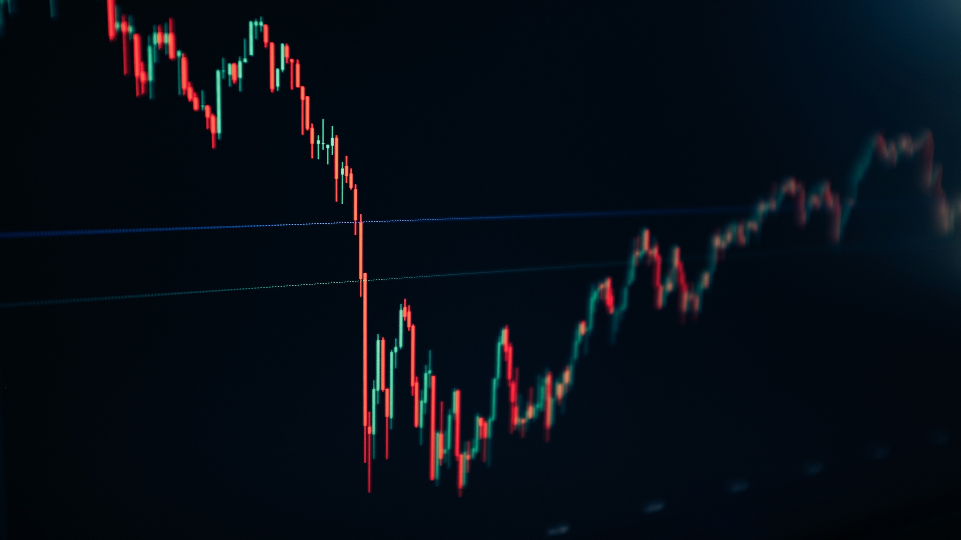 Financial candlestick chart showing price volatility with downtrend followed by recovery and uptrend movement