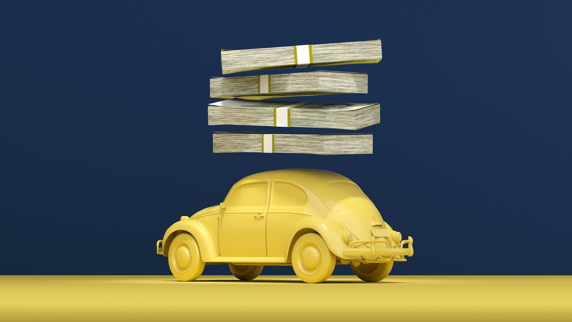 Yellow Volkswagen Beetle with stacks of cash above it on navy background