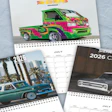 Collection of 2026 car-themed calendars featuring colorful custom vehicles and classic trucks on white background