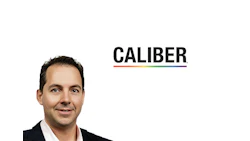 Caliber logo with multicolor underline accent next to professional headshot