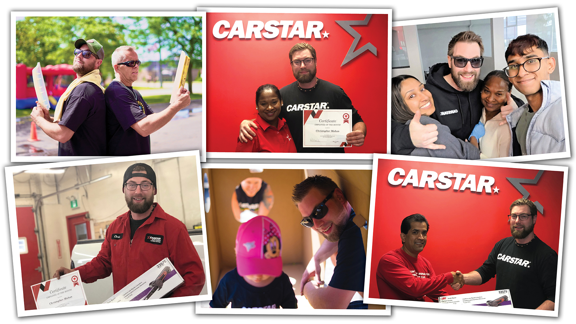 CARSTAR team members celebrate achievements with certificates in front of branded backdrop