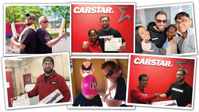 CARSTAR team members celebrate achievements with certificates in front of branded backdrop