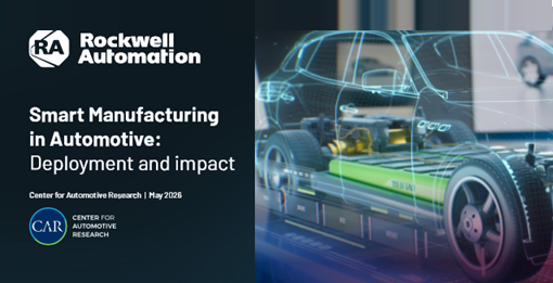 Rockwell Automation logo with smart manufacturing in automotive deployment and impact report cover featuring digital car visualization