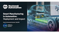 Rockwell Automation logo with smart manufacturing in automotive deployment and impact report cover featuring digital car visualization