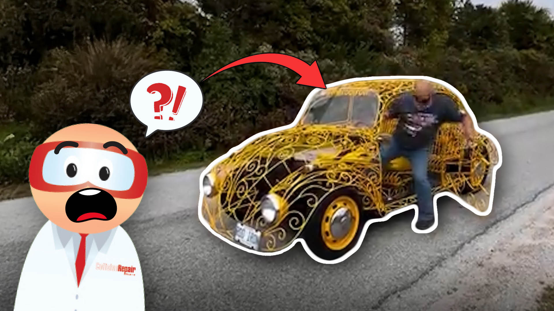 Cartoon character with red mask expressing surprise at an ornately gold-decorated car on a road