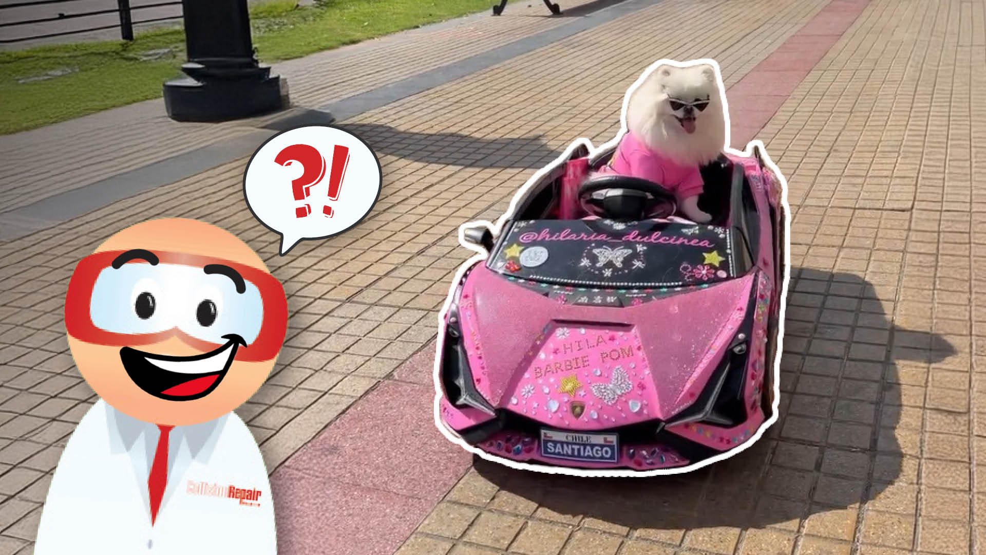 Cartoon mascot character with red hair looking confused beside a white Pomeranian dog in a pink toy vehicle on a brick pathway
