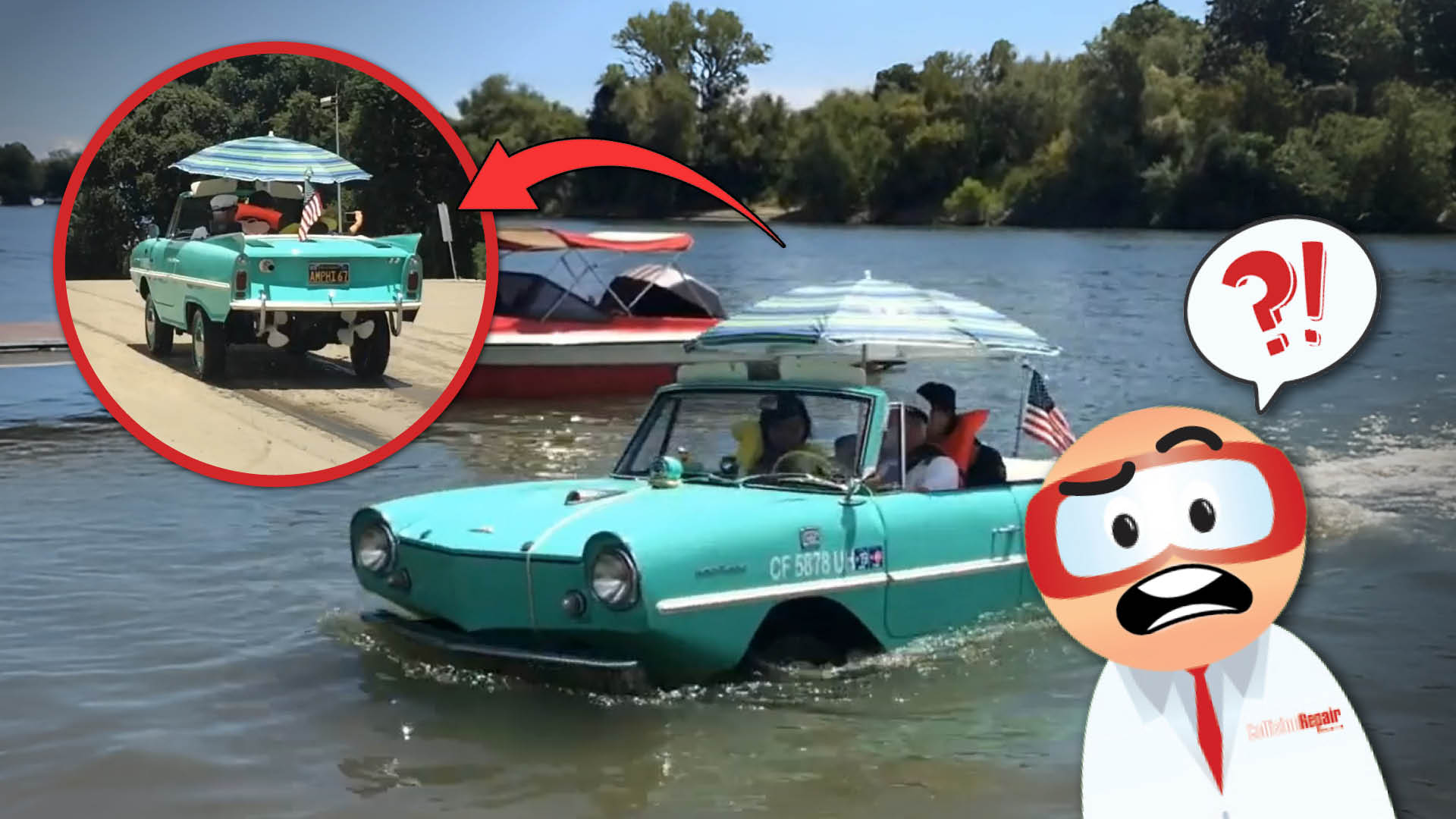 Turquoise amphibious car driving in water with boats and trees in background, featuring inset of vehicle and cartoon mascot character