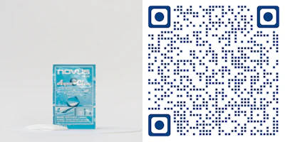 Turquoise Novus Aqua Clear product package on gray background with QR code matrix