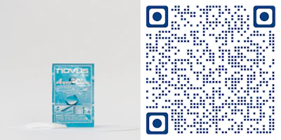 Turquoise Novus Aqua Clear product package on gray background with QR code matrix