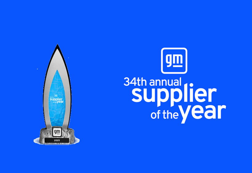 GM 34th annual supplier of the year award trophy with blue teardrop design and GM logo