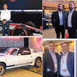 Collage of motorsport event photos featuring racing cars, team members, and corporate networking at automotive industry gathering