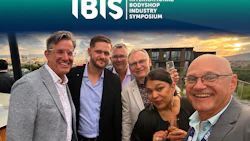 Six professionals smiling at IBIS symposium event with sunset cityscape backdrop