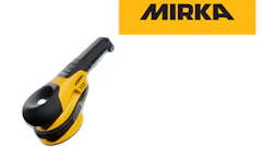 Mirka yellow and black orbital sander power tool with ergonomic grip handle