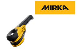 Mirka yellow and black orbital sander power tool with ergonomic grip handle
