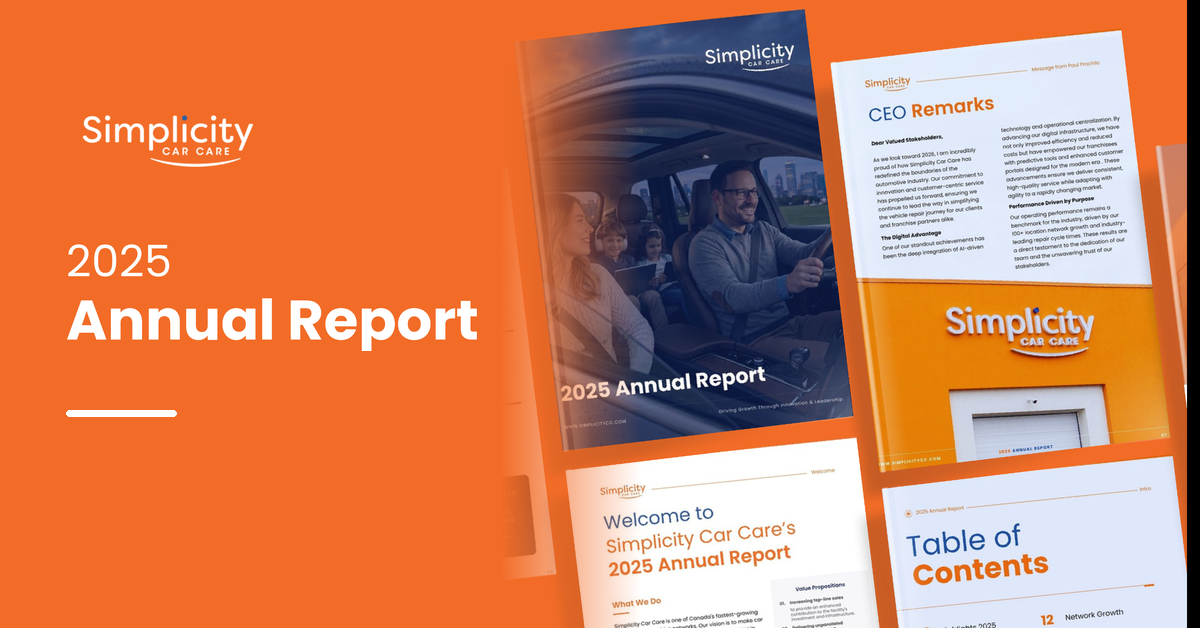 Simplicity Care 2025 Annual Report marketing materials featuring branded documents and CEO remarks on orange background