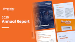 Simplicity Care 2025 Annual Report marketing materials featuring branded documents and CEO remarks on orange background