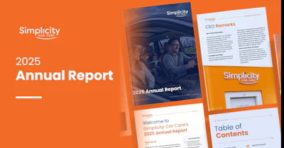 Simplicity Care 2025 Annual Report marketing materials featuring branded documents and CEO remarks on orange background