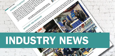 Industry News section header with teal banner and accompanying photos from business events and workplace settings