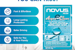 Novus AquaClear glass water repellent wipe product packaging with protection benefits and bathroom setting