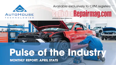 Collision repair industry report advertisement featuring red Mustang with open hood in auto shop
