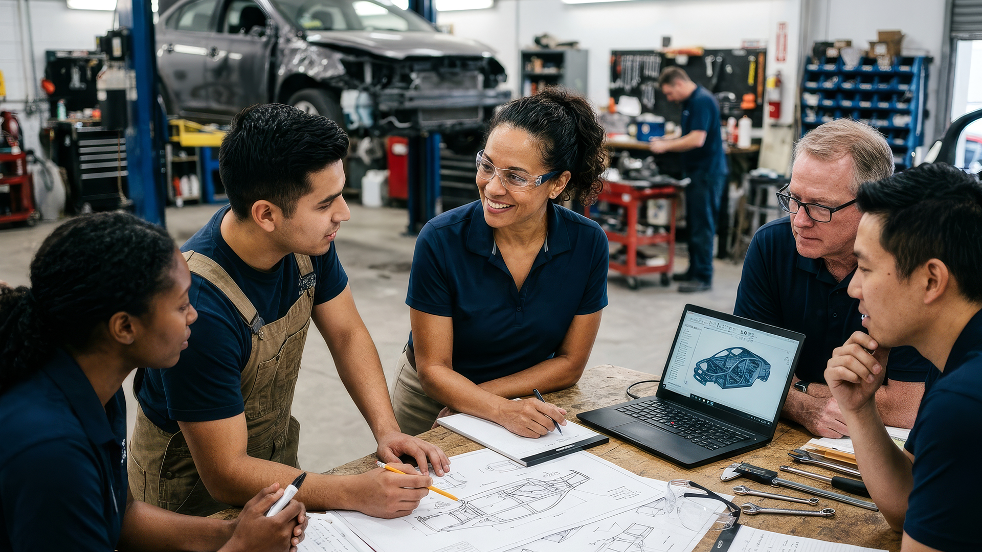 Automotive technicians and engineers reviewing vehicle repair blueprints and schematics on laptop in workshop