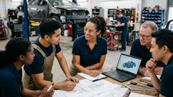 Automotive technicians and engineers reviewing vehicle repair blueprints and schematics on laptop in workshop