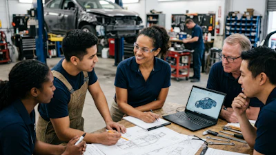 Automotive technicians and engineers reviewing vehicle repair blueprints and schematics on laptop in workshop