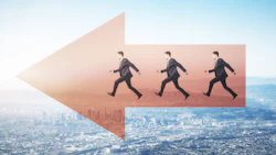 Three businessmen running inside a forward-pointing arrow above an aerial city skyline, symbolizing business growth and progress