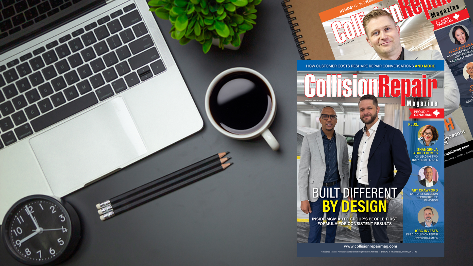 Collision Repair Magazine cover displayed on desk with laptop, coffee, and office supplies