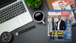 Collision Repair Magazine cover displayed on desk with laptop, coffee, and office supplies