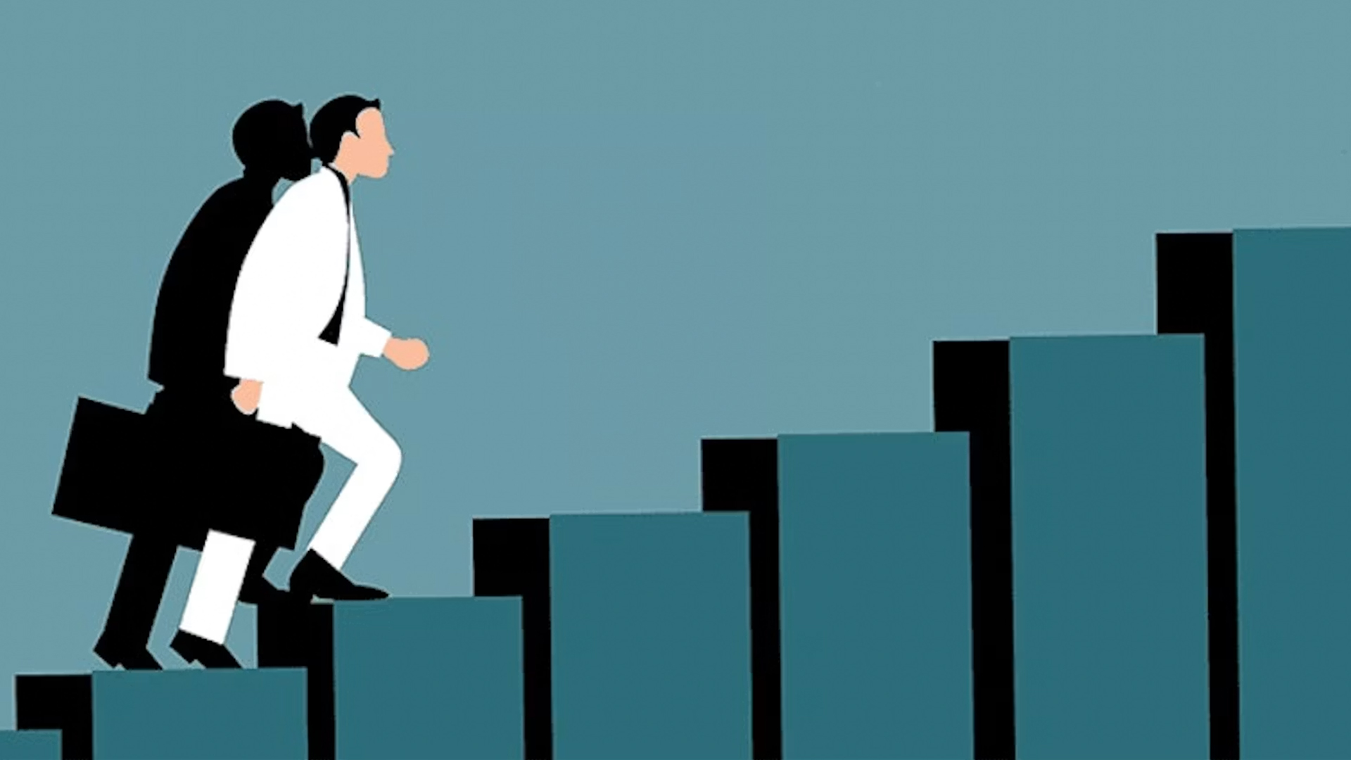 Businessman climbing ascending staircase steps representing career growth and business success