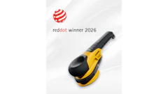 Red Dot Design Award winner 2026 certification badge displayed above a yellow and black orbital sander power tool