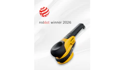 Red Dot Design Award winner 2026 certification badge displayed above a yellow and black orbital sander power tool