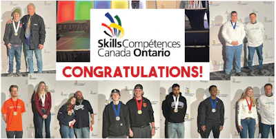 Skills/Compétences Canada Ontario logo with congratulations message and competition winners wearing medals