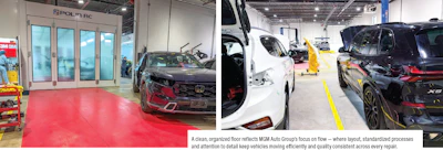 Modern automotive dealership showroom with red epoxy floor, display vehicles, and organized service bays in industrial facility