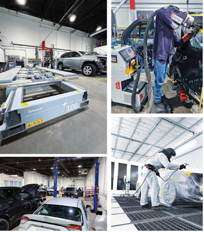 Automotive repair facility showing vehicle lifts, diagnostic equipment, technicians performing maintenance, and paint booth operations.
