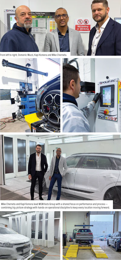 MGM Auto Group leadership team with Domenic Muzzi, Kapi Komera, and Mike Cherneta at automotive service facility with wheel alignment and diagnostic equipment.