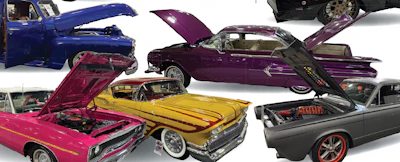 Collection of classic and custom cars with open hoods displayed, featuring blue, purple, yellow, pink, and gray vehicles