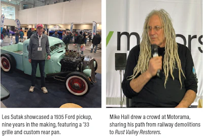 Vintage car show featuring restored 1935 Ford pickup and automotive enthusiast speaking at Motorama event