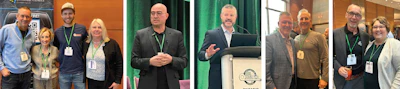 Groups of professionals wearing badges at conference or event gatherings in indoor settings