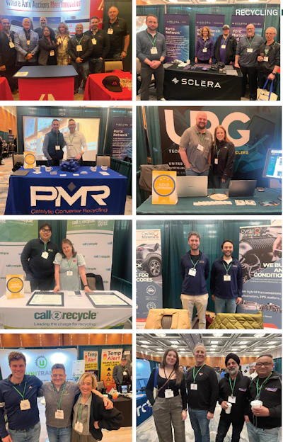 Trade show booth displays featuring automotive recycling and parts industry companies with staff members at various exhibition stands.