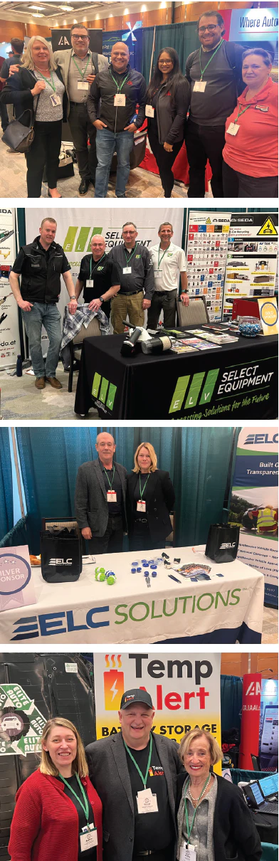 Team members at trade show booths representing ELC Solutions, Select Equipment, and Temp Alert with branded displays and promotional materials.