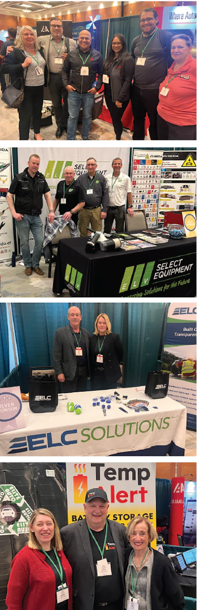 Team members at trade show booths representing ELC Solutions, Select Equipment, and Temp Alert with branded displays and promotional materials.