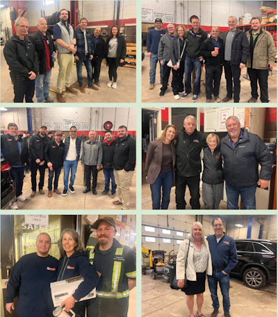 Six group photos of people gathered in an industrial warehouse setting for what appears to be a team or community event.